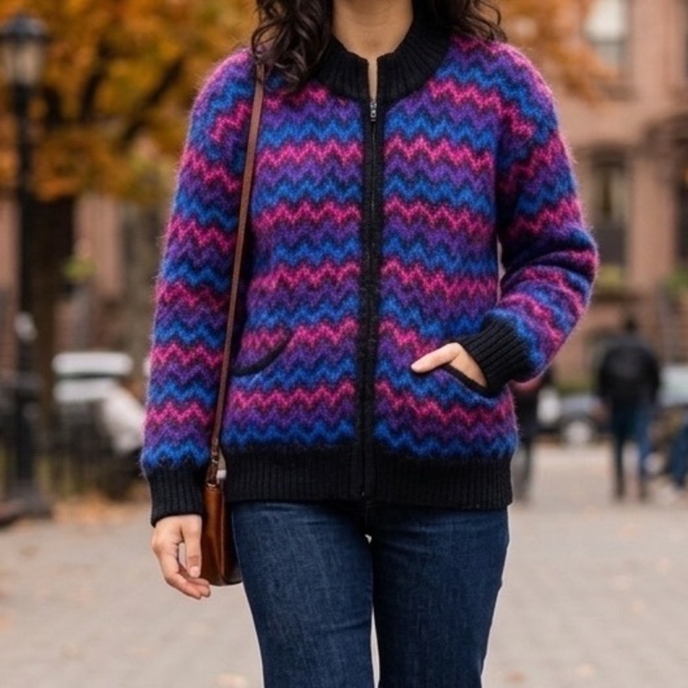 Vintage Kerri Kelsey Mohair Wool Zip Cardigan Sweater Pink Purple‎ Chevron Small